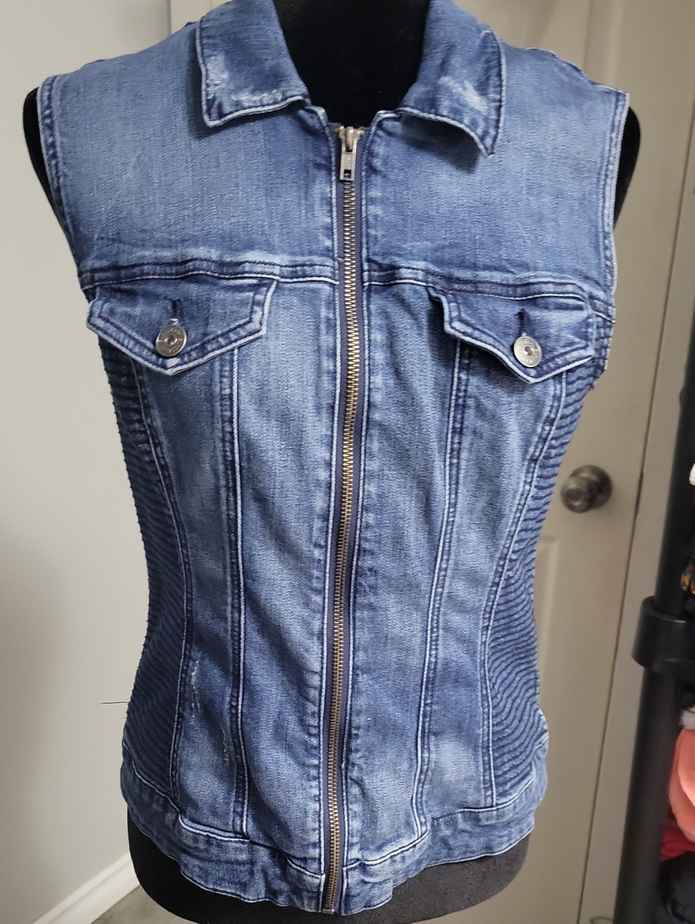 G By Guess Moto Denim Trucker Vest Blue Medium Wash